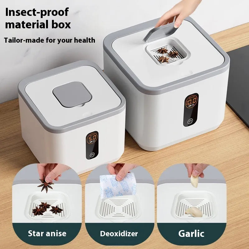 Grey plastic rice storage jar with airtight lid and measuring cup in 10kg, 20kg, or 30kg capacity options