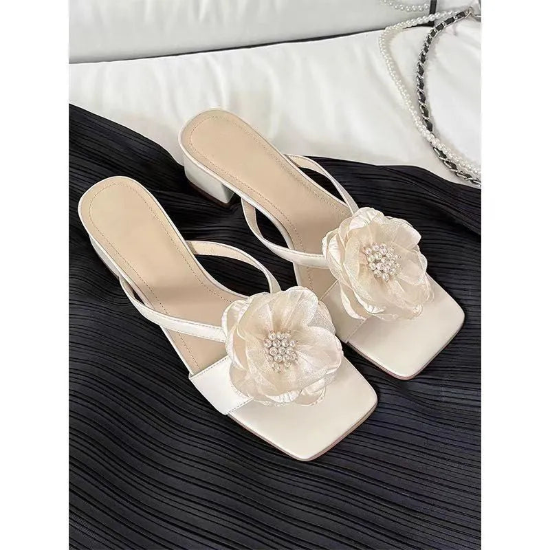 Women's square toe sandals with satin upper, floral chunky heel, in cream-white colour.