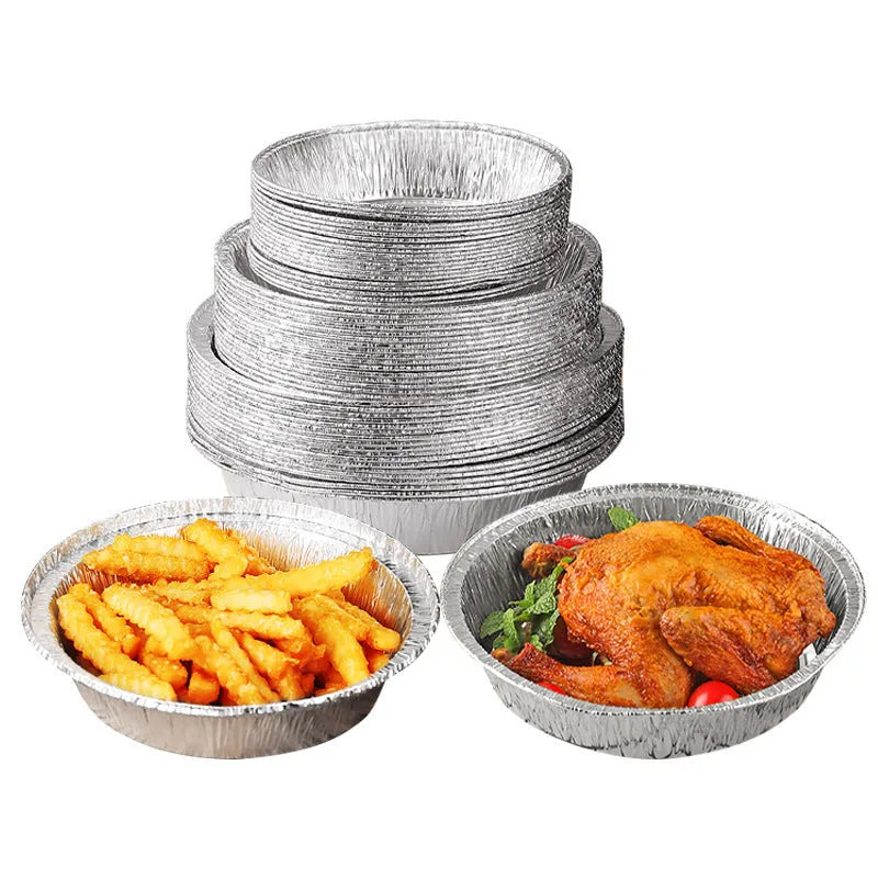 Round aluminium foil air fryer liner with 4 cm deep edge, non-stick and oil-proof, available in 14.5 cm to 23 cm diameters