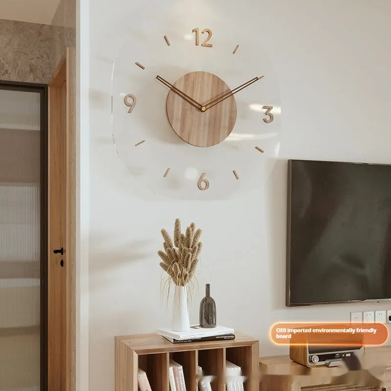 Square transparent wall clock with a wooden frame on a plain wall, showing modern design