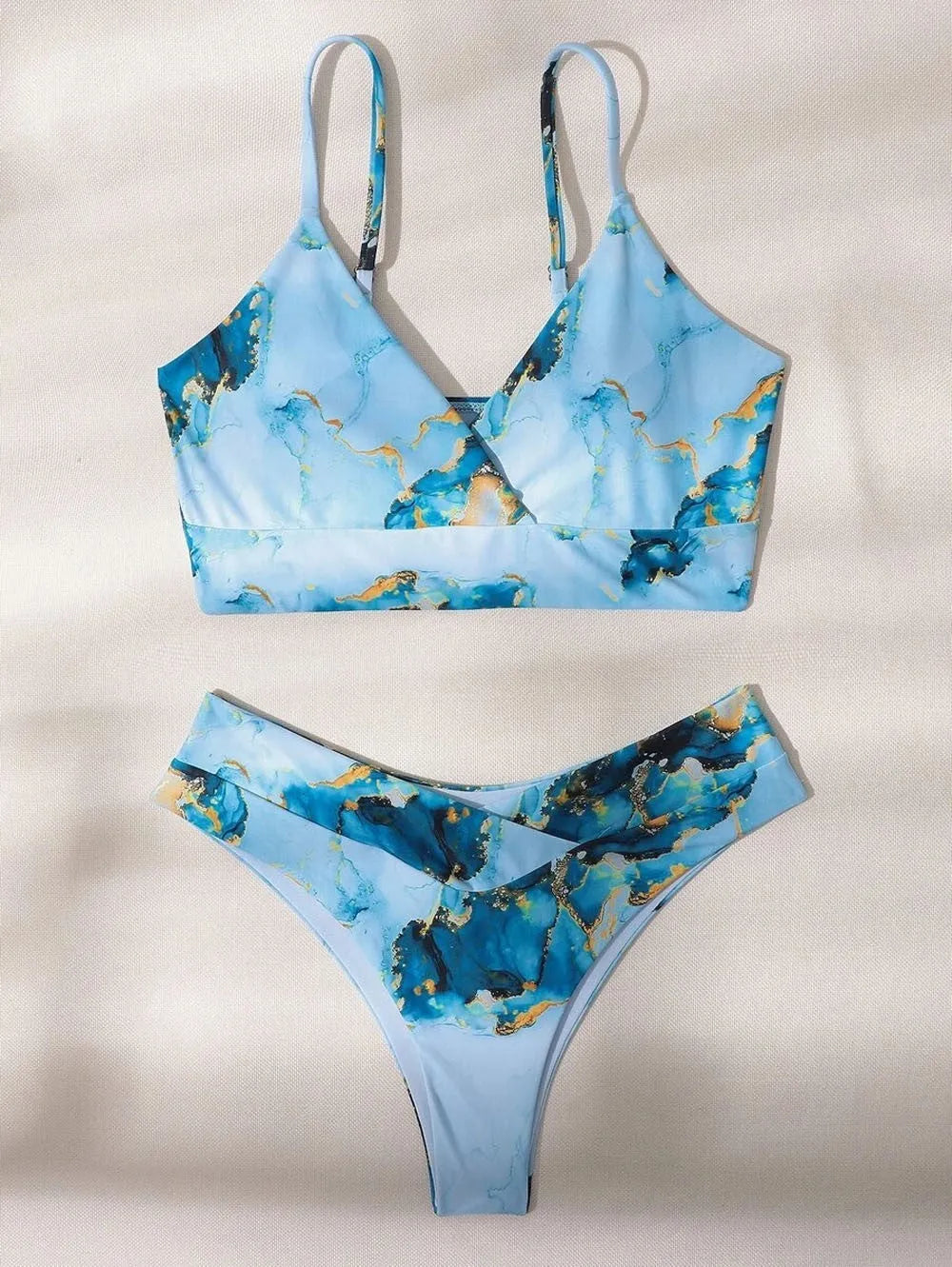 Marble tie-dye print women's high waist bikini set with U-neck design