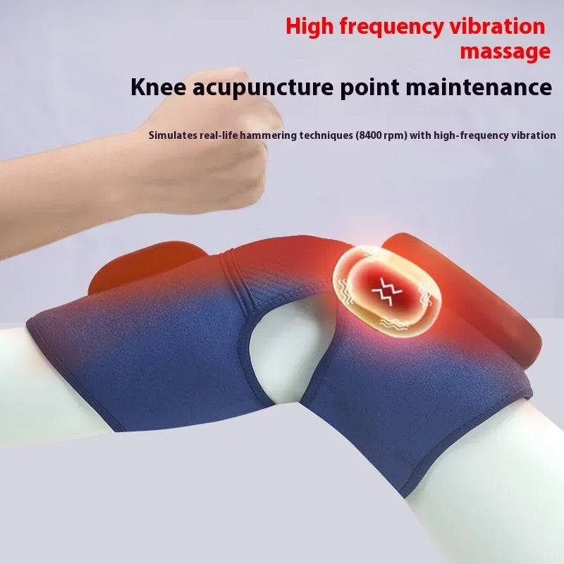 Blue airbag self-heating knee massager showing adjustable wrap and control unit.