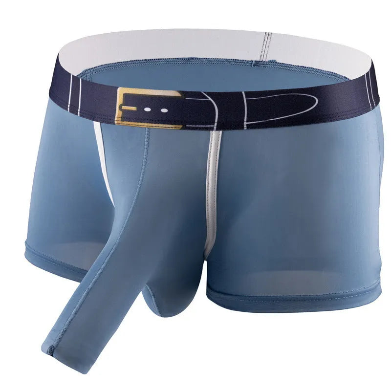 Men's solid colour ice silk boxer shorts in blue, showing mid waist design on a grey background.