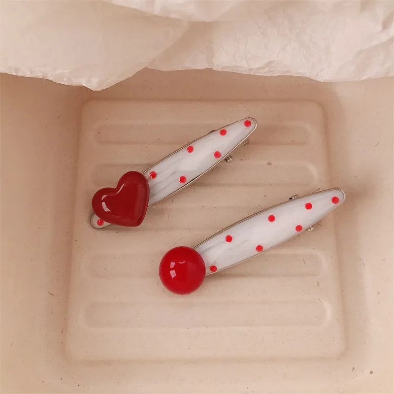 Red heart-shaped hairpin with French retro dots and willow leaf clip, Korean style barrette for women