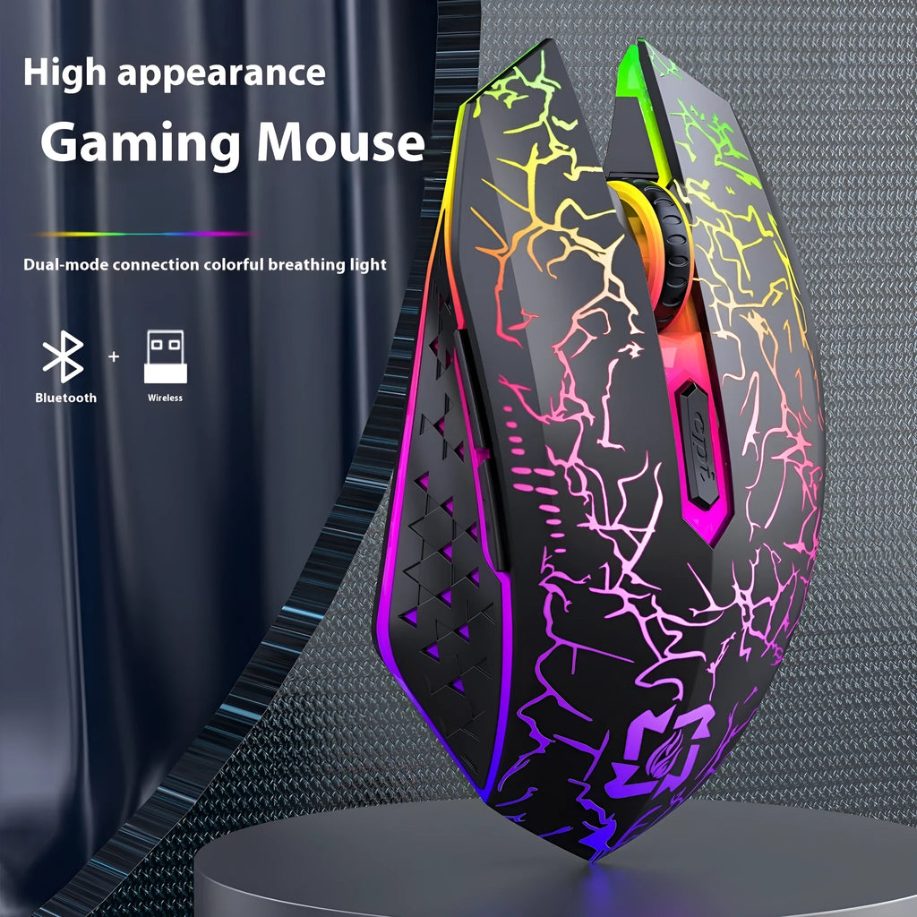 Black and white rechargeable wireless gaming mouse with RGB breathing light on desktop