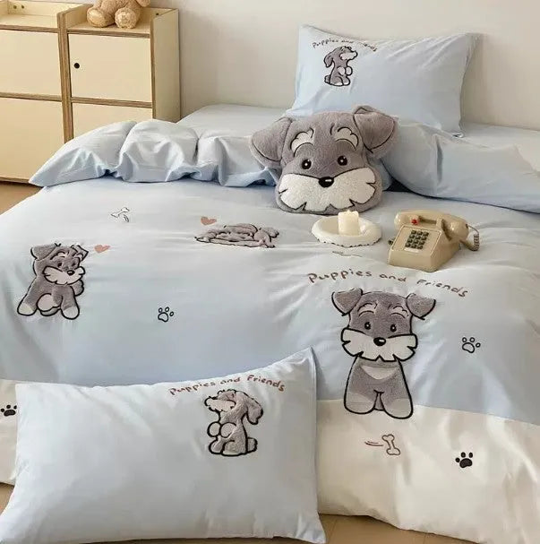 Schnauzer dog cartoon pattern bedding set with embroidery on thickened cotton fabric showing quilt cover, sheet and pillowcases