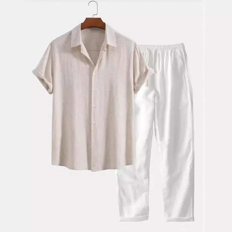 Man wearing casual loose short sleeve shirt and matching trousers in linen-style fabric