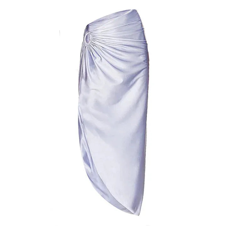 Purple one-piece swimsuit with matching wrap skirt on a mannequin, showing the tight fit and European/American styling.