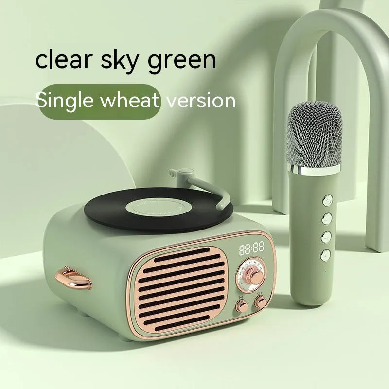 Retro Bluetooth microphone stereo speaker with alarm clock, 85x95x55mm, in transparent green