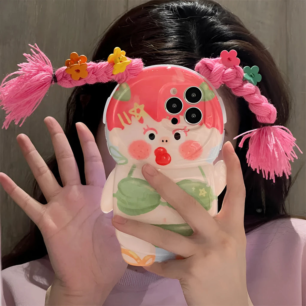 Pink and green cartoon braid swimsuit girl silicone iPhone case for iPhone 11 to 14 models