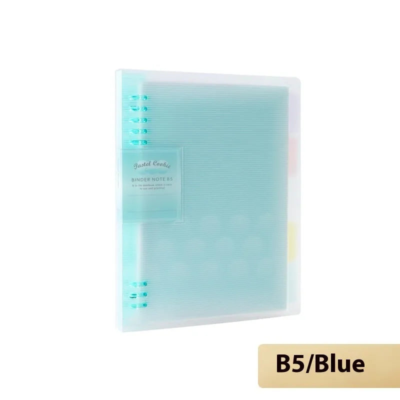 Refillable A5 and B5 spiral notebook with PP cover, shown in pastel cookie blue and plaid impression designs with loose-leaf paper.