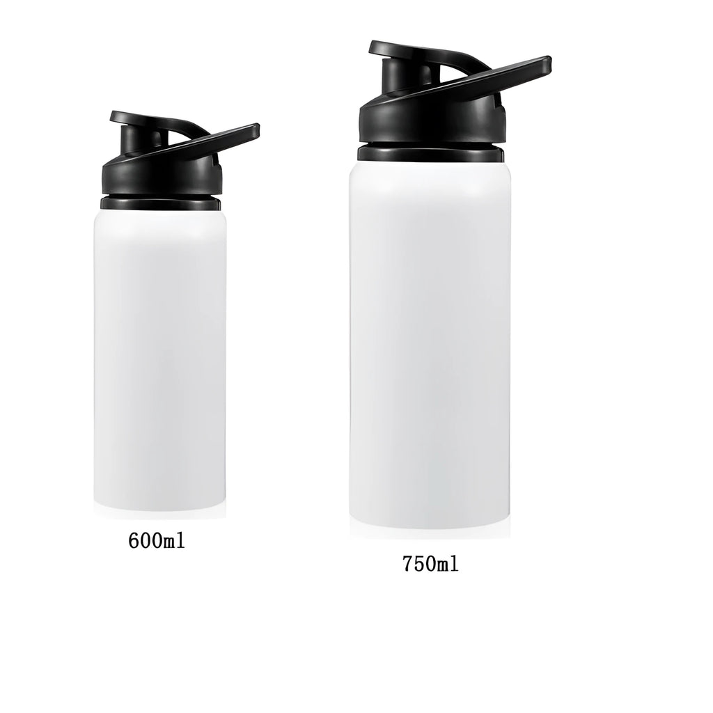 White aluminium sports water bottle for cycling with 600ml or 750ml capacity options