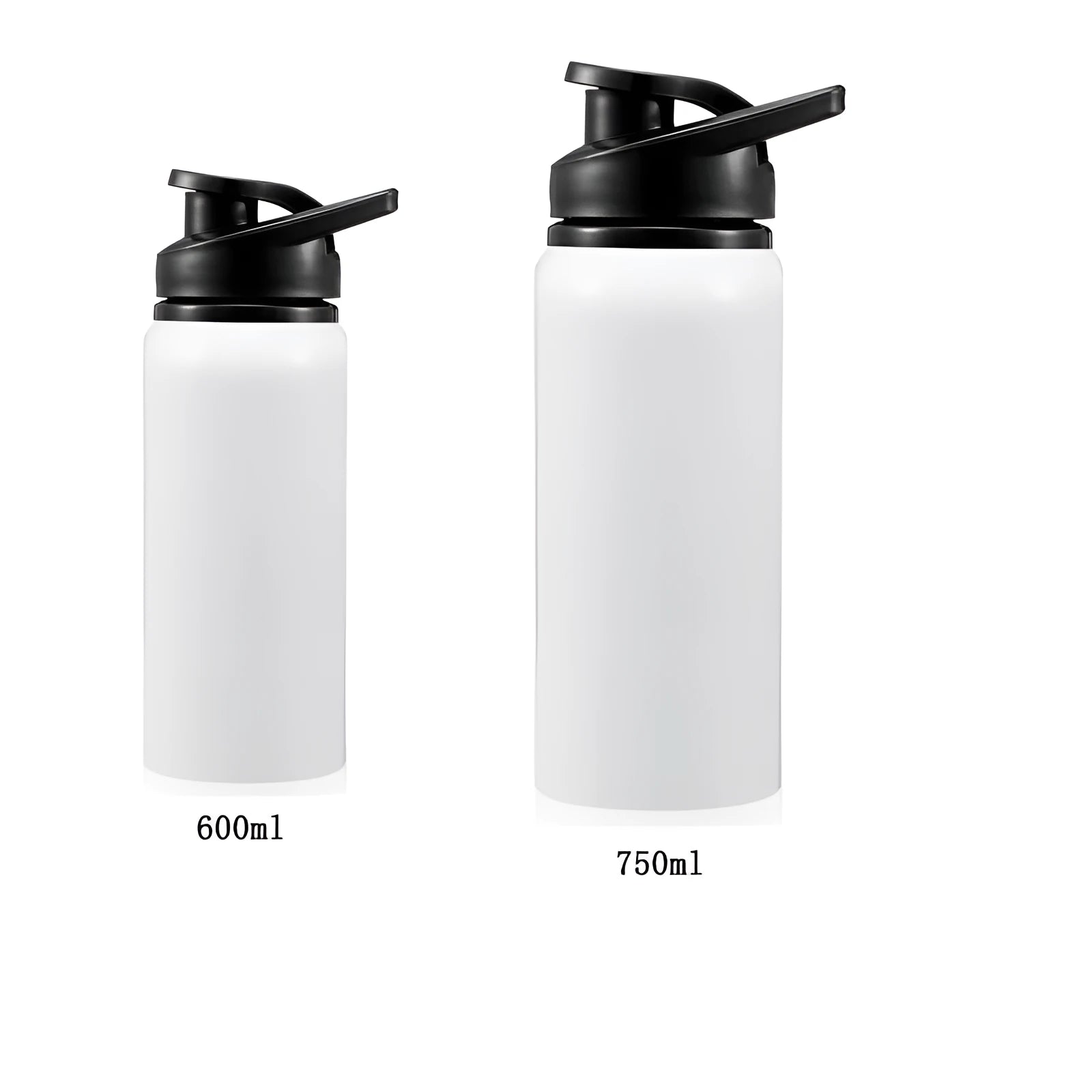 White aluminium sports water bottle for cycling with 600ml or 750ml capacity options