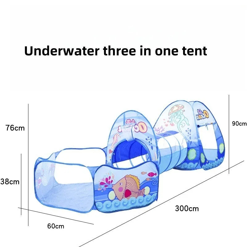 Colourful marine cartoon children's cloth tent with integrated ball pool and play tunnel.
