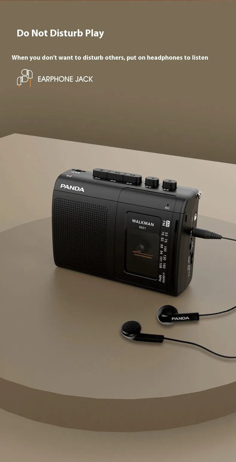 Black 6501 tape Walkman cassette player recorder with FM radio, 124 x 92 x 40mm, with headphones and power cord