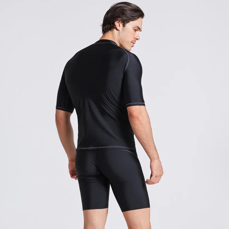 Men's quick-drying half sleeve swimsuit set in nylon fabric with matching swim pants