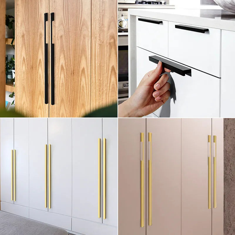 Gold T-shape single hole cabinet handle with aluminium alloy construction showing three hole distance options