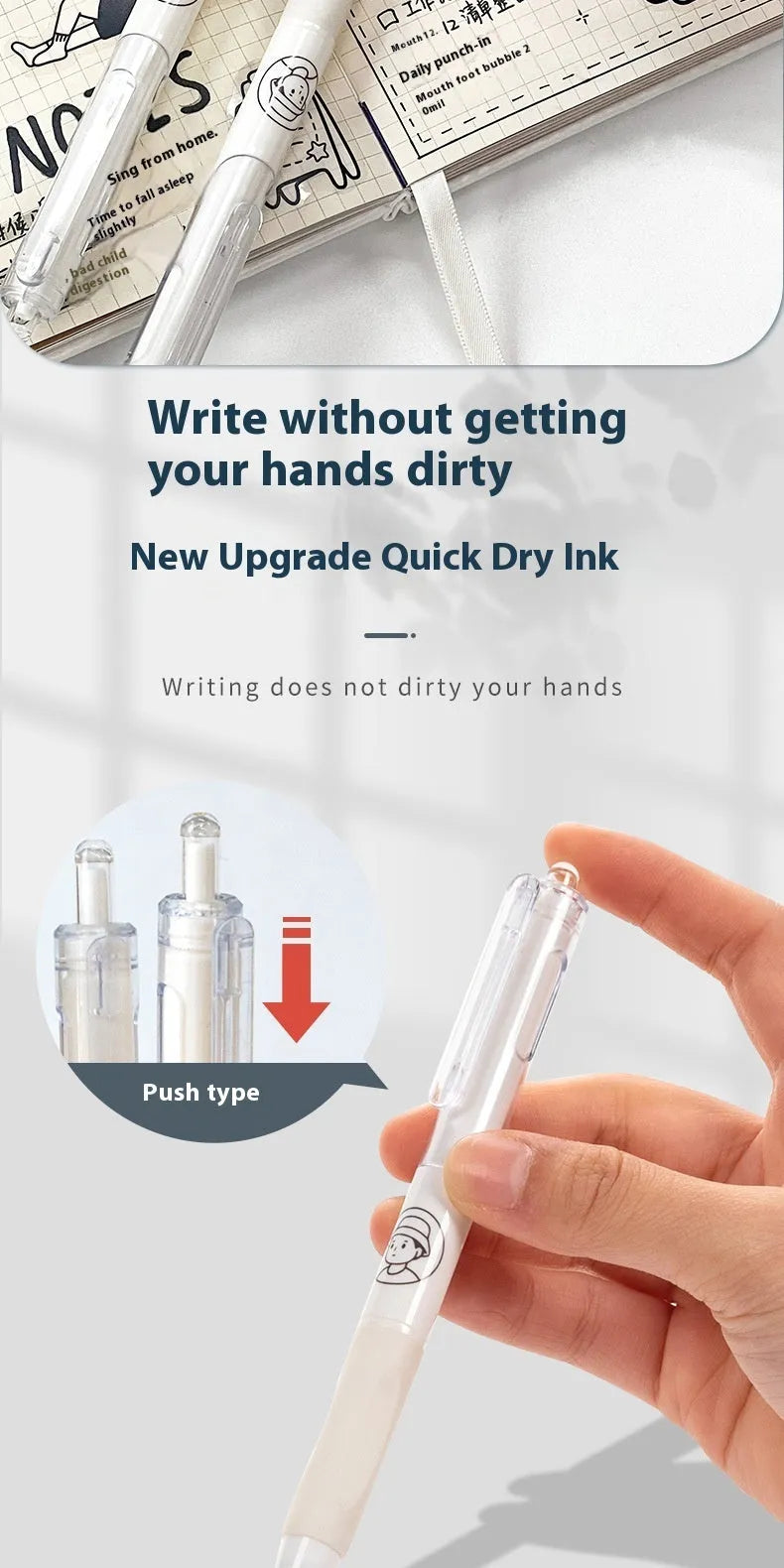 Five neutral-coloured ballpoint pens with 0.5mm needle tips for exam writing
