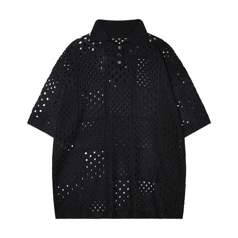 Short-sleeved hollow knit polo shirt in black or white, loose fit cardigan style for teenagers