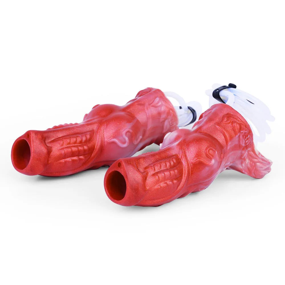 Silicone wearable male masturbator toy with manual water spray control syringe, shown in M and L size options.