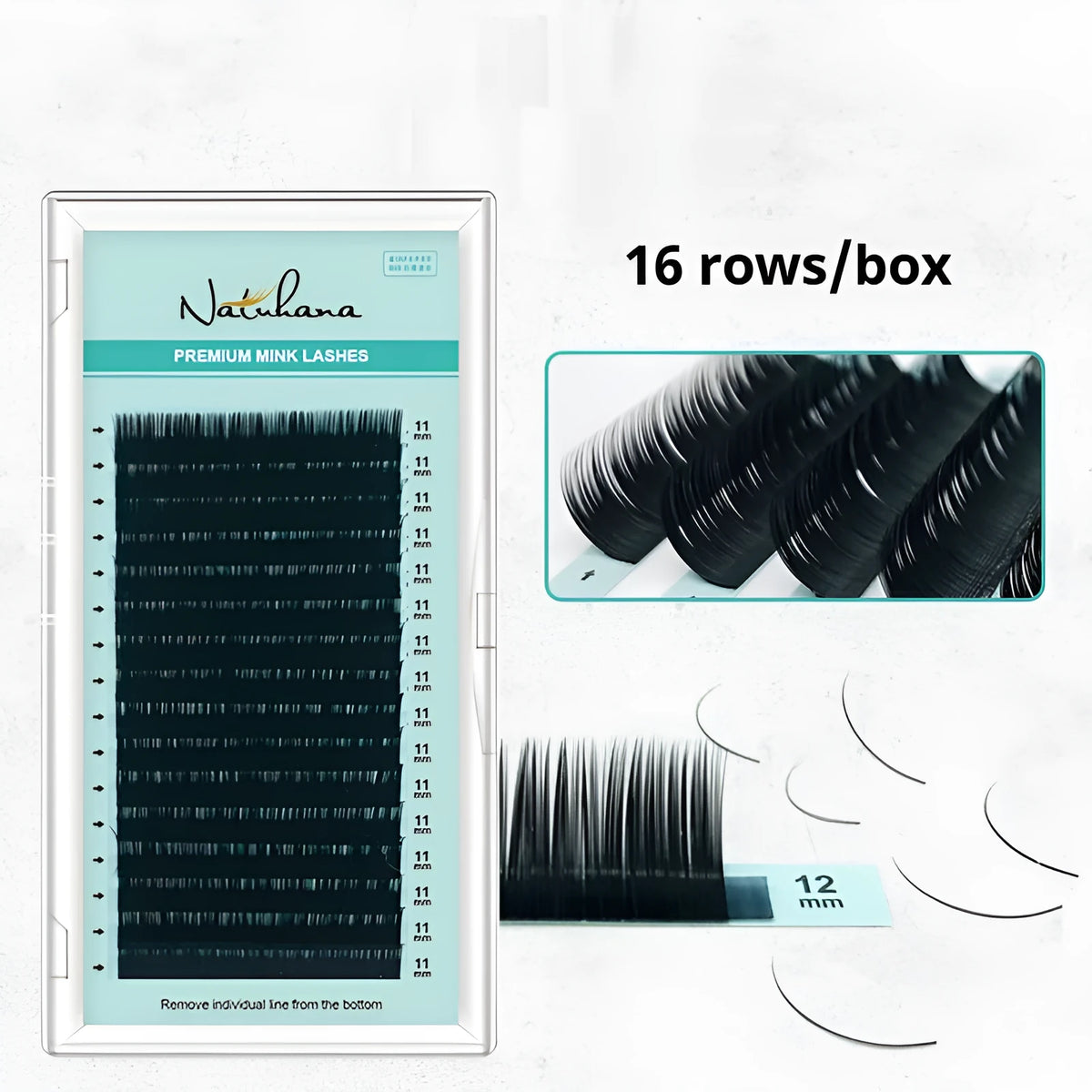 Black artificial fibre false eyelashes showing different length and density options on a clear tray