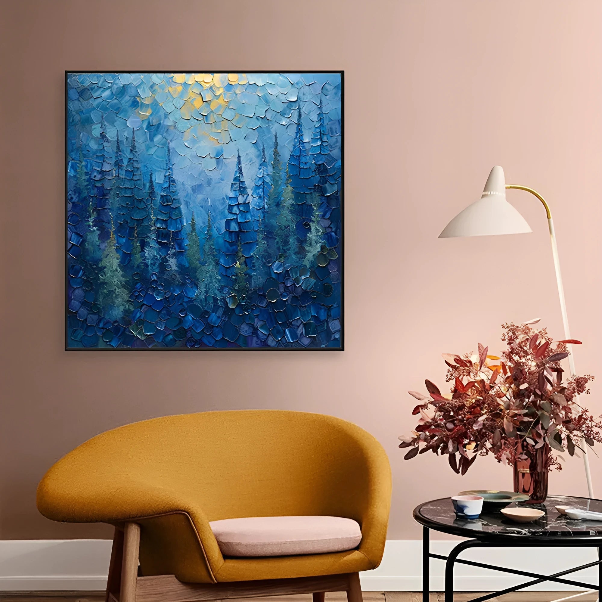 Blue mysterious forest tree oil painting hand painted on canvas square abstract landscape art