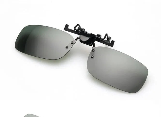 Clip-on polarised sunglasses for prescription glasses with grey, dark green, and night vision lens tint options