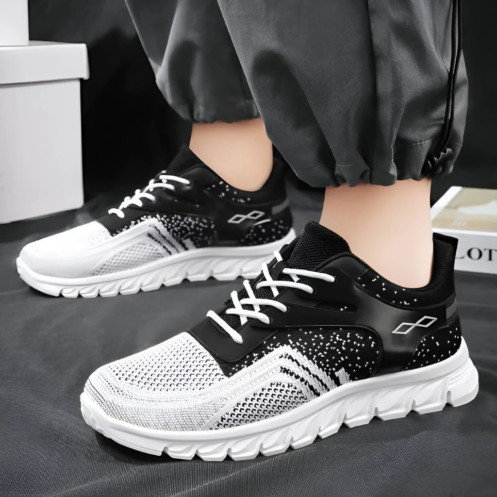 Men's breathable soft bottom sneakers in beige blue with striped polyester fibre upper, flat heel and round toe