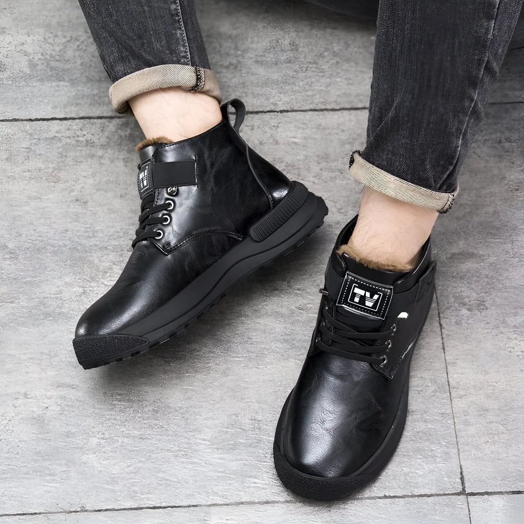 Men's black and brown velvet high-top platform boots with rubber soles on size chart