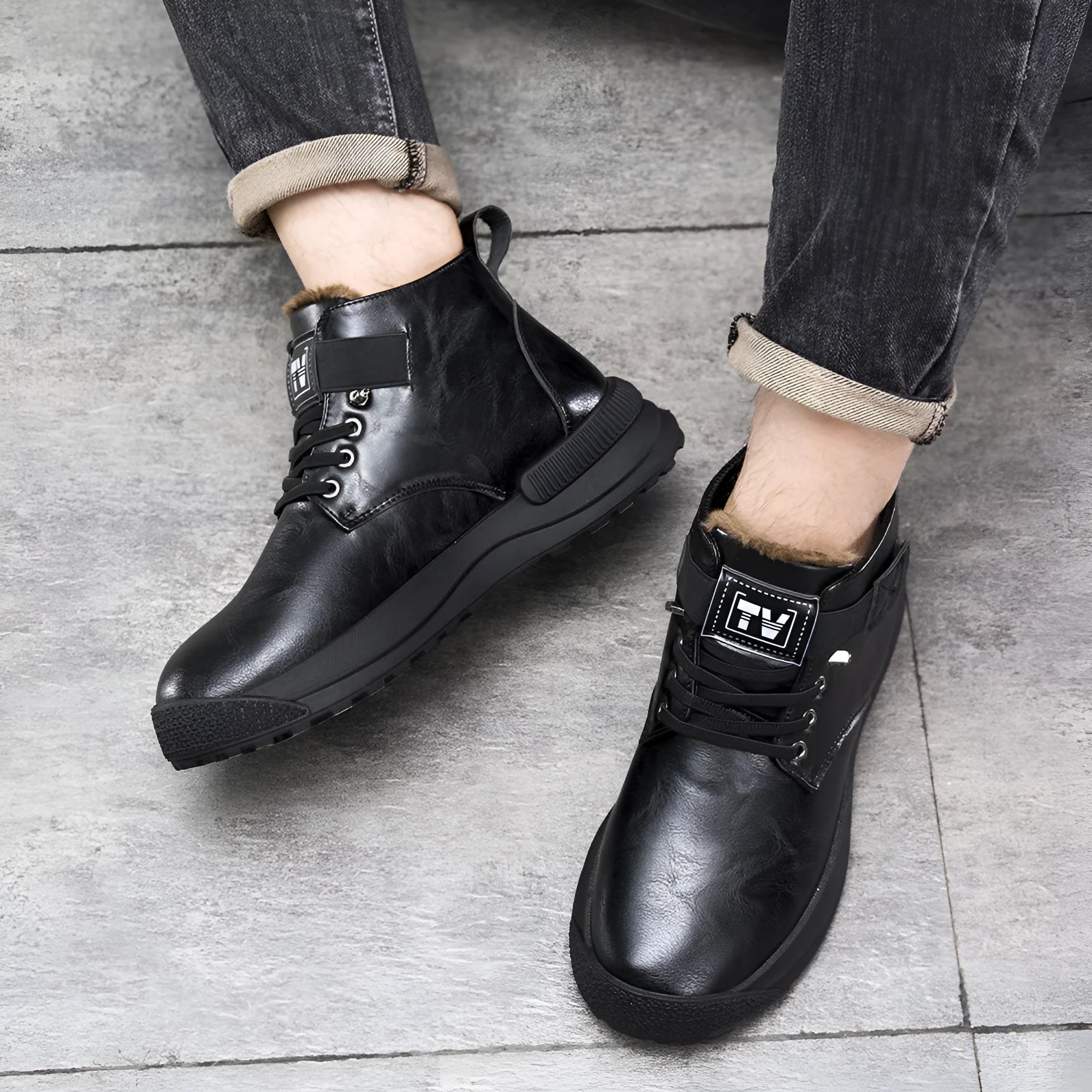 Men's black and brown velvet high-top platform boots with rubber soles on size chart