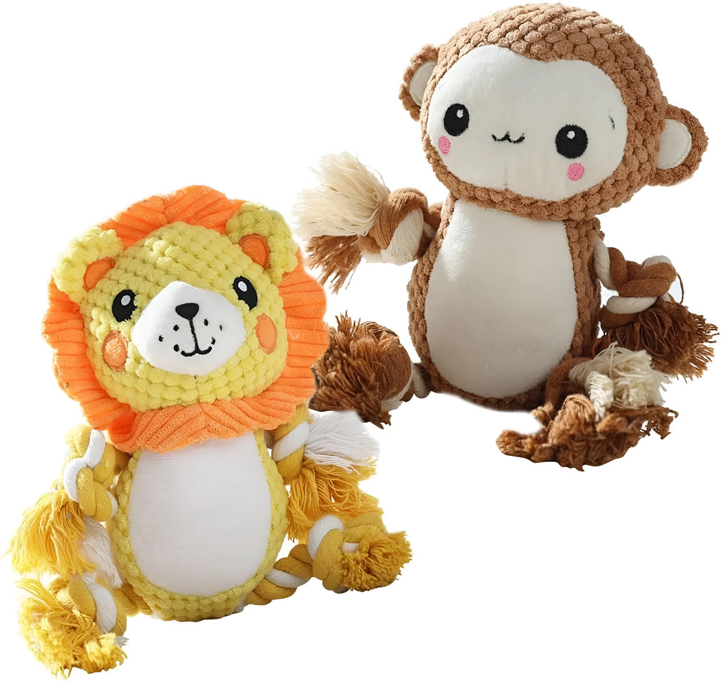 Lion and monkey stuffed squeaky dog toys with soft plush material and internal squeakers for medium to large breed dogs