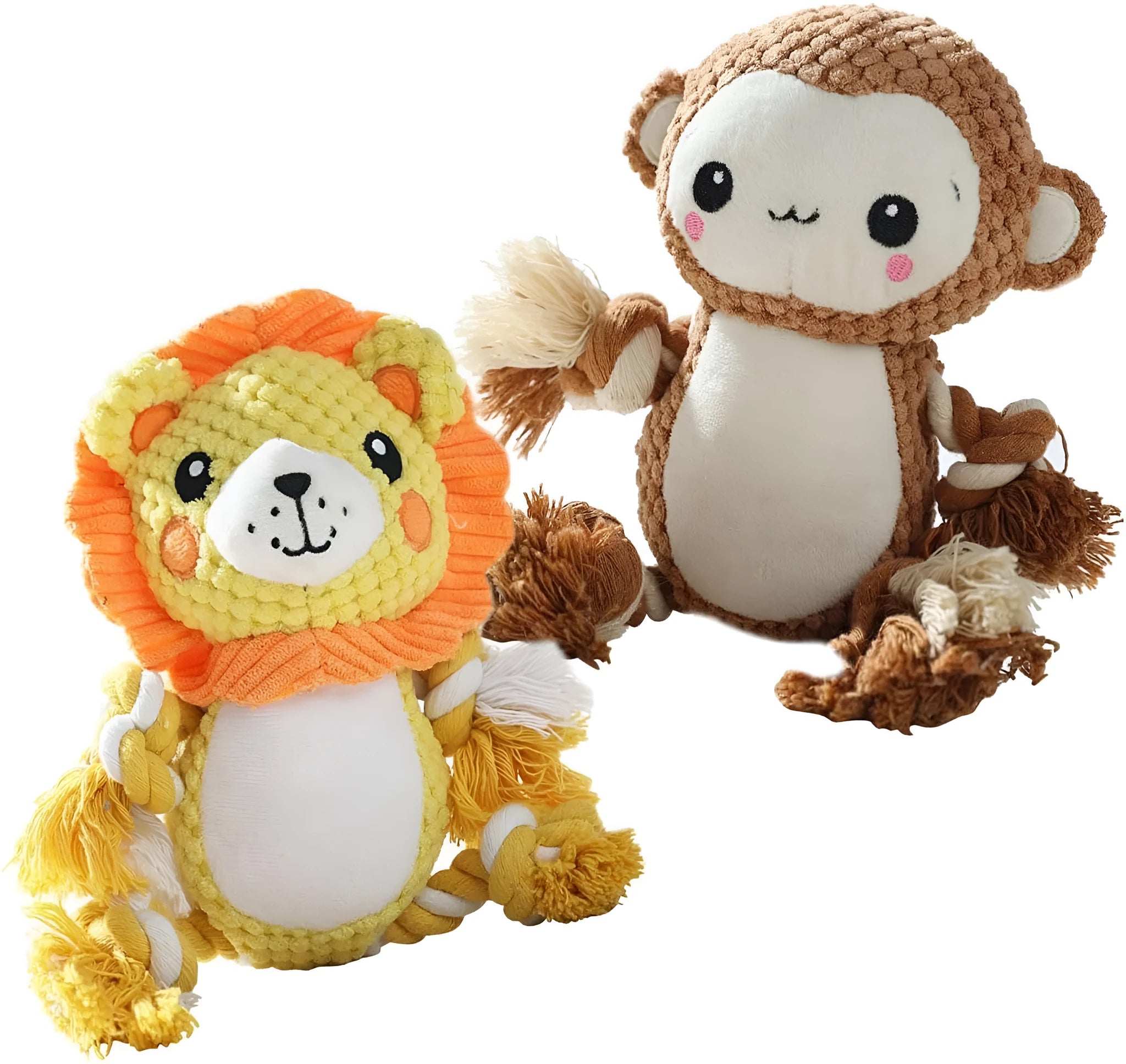 Lion and monkey stuffed squeaky dog toys with soft plush material and internal squeakers for medium to large breed dogs