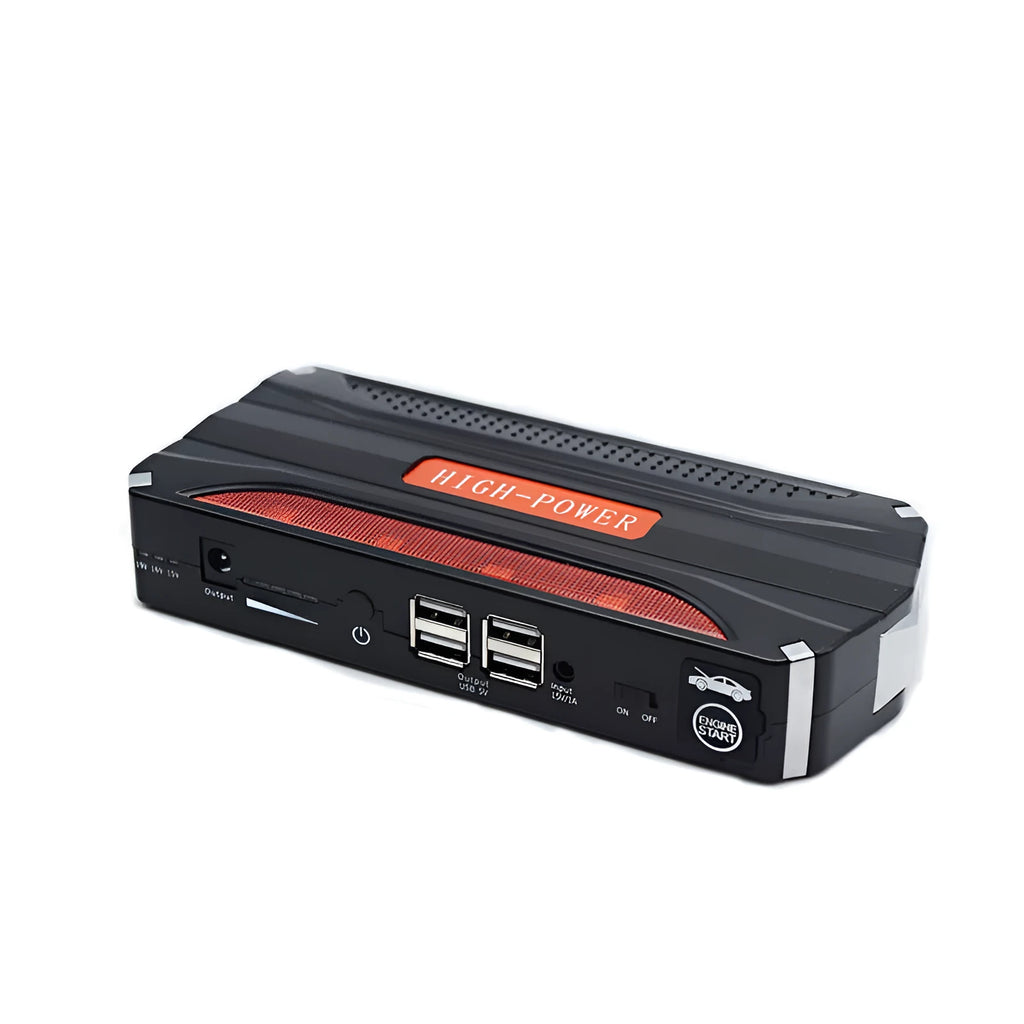 Black and red vehicle emergency starting power supply with 7800mAh battery capacity