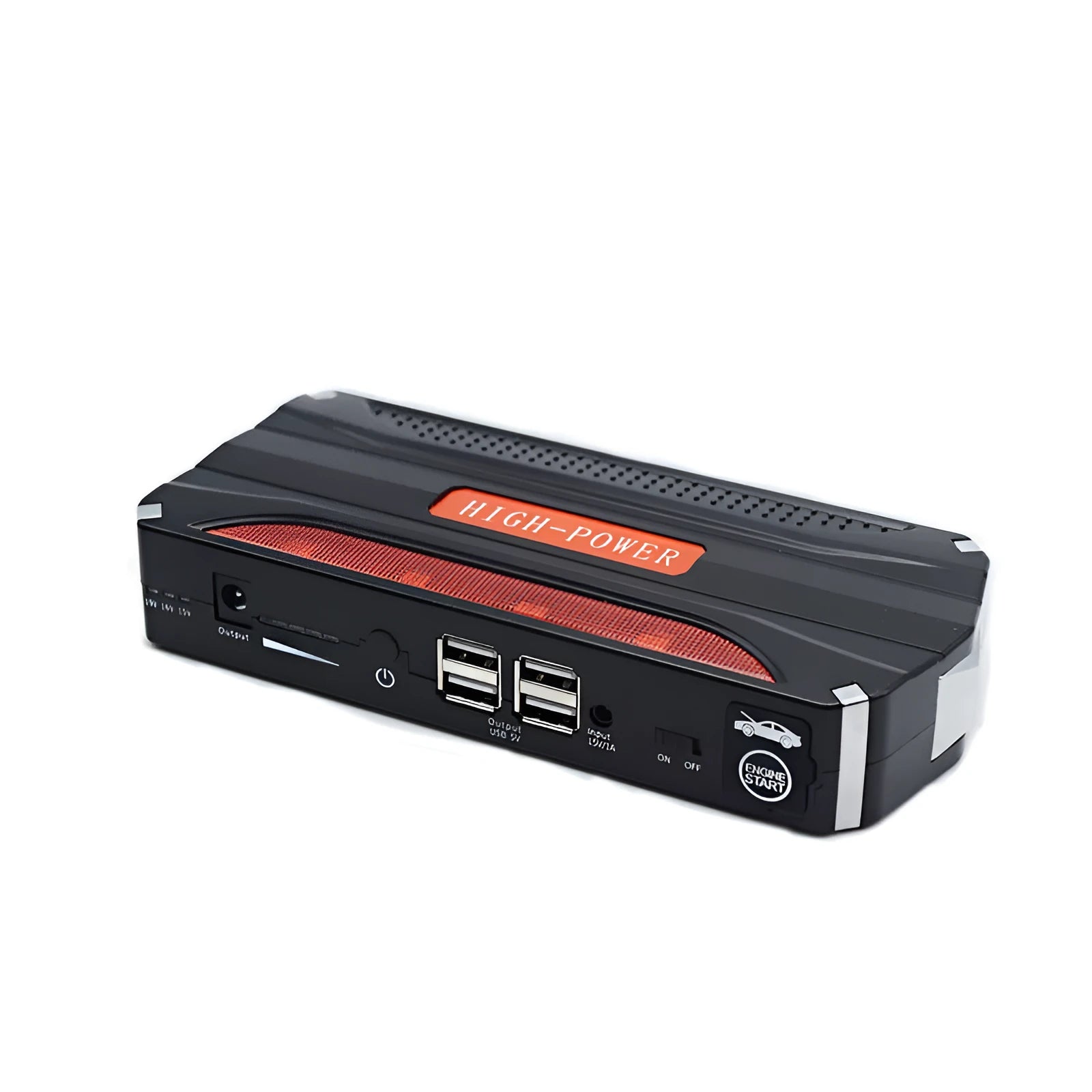 Black and red vehicle emergency starting power supply with 7800mAh battery capacity