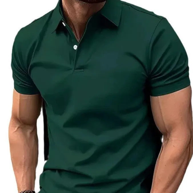 Men's slim fit solid colour short sleeve button-down shirt on a hanger.