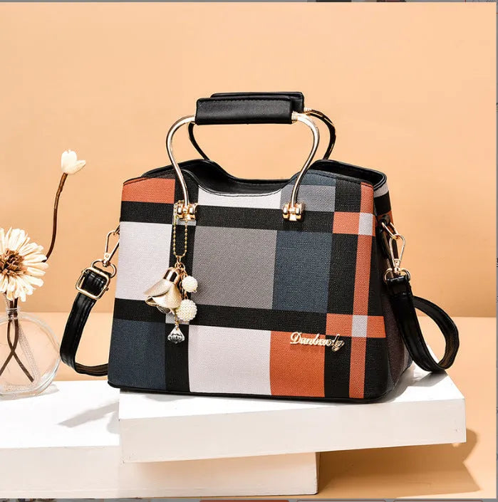 Large capacity women's PU handbag with double joint straps, zip compartments and three-dimensional outer pocket