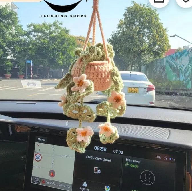 Green and white knitted wool macramé car air plant holder with hanging cord