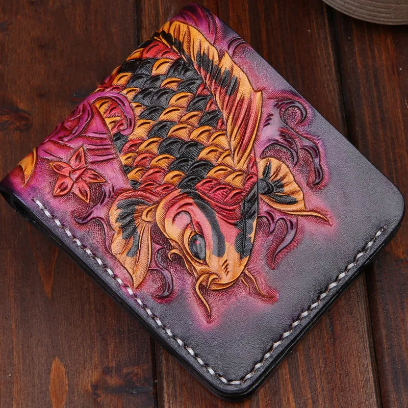 Men's hand-carved cow leather short wallet in red, shown open, with compact dimensions.