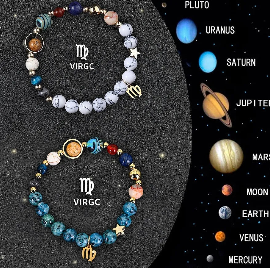 Natural stone beaded bracelet set for the twelve zodiac signs, showing two bracelets.