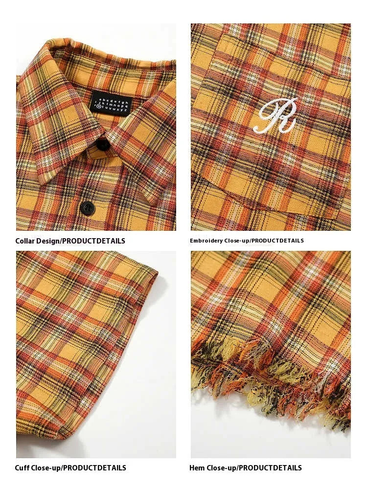 Yellow check plaid shirt with embroidered pocket detail on chest, short sleeves, loose fit casual style