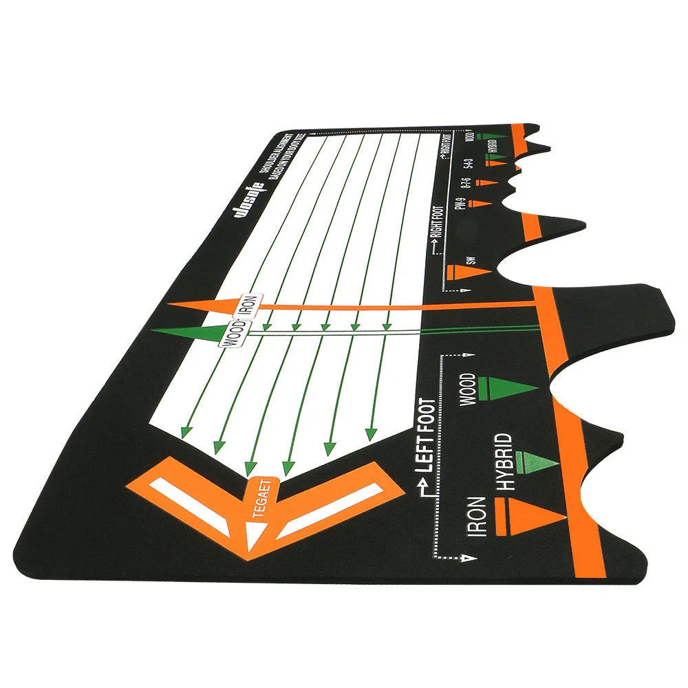 Black neoprene golf swing stance training mat with alignment markings for posture correction