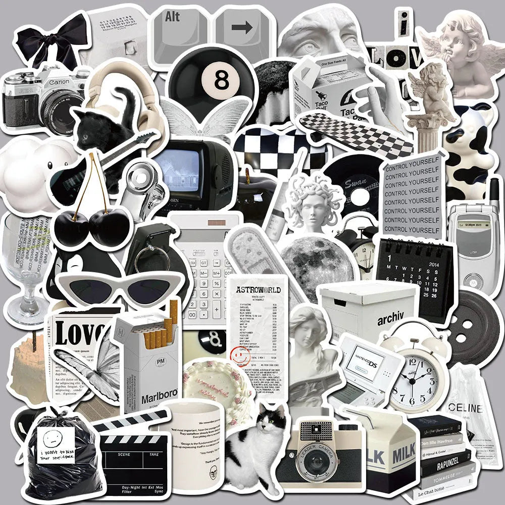 Black and white waterproof sticker sheet with 61 designs for laptop cup phone case decoration
