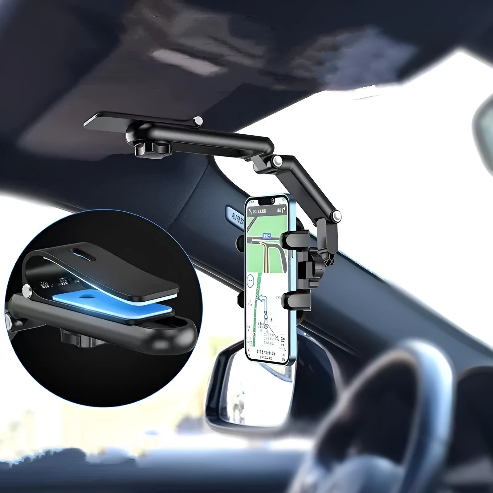 Black and green car sun visor with buckle attachment for rear seat window protection