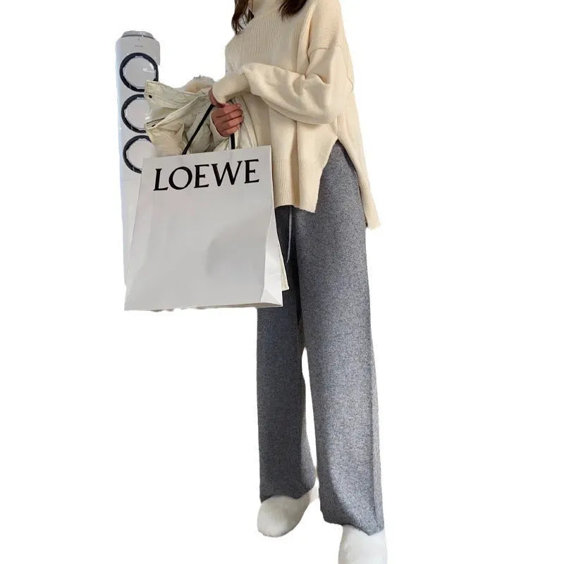 Women's high-waisted thick knitted wide-leg trousers in cream white for autumn winter wear