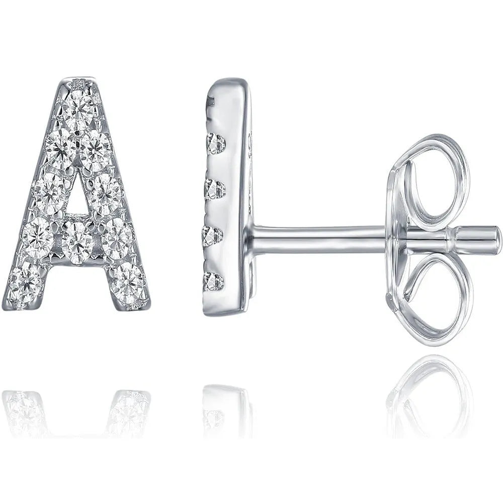 Brass gold plated alphabet letter earrings with zircon detailing showing single letter personalisation