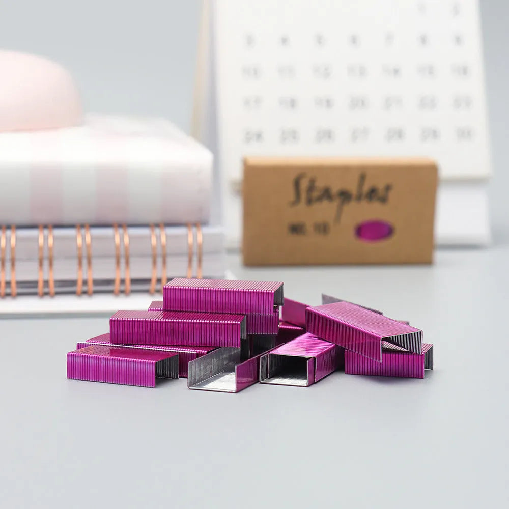 Box of 1000 metal staples in colours black, purple, rose gold, and rose red for office stationery