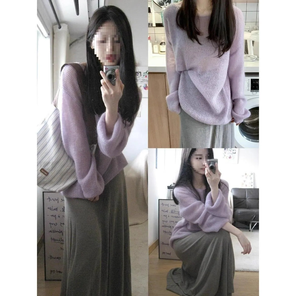 Purple women's round neck blouse with princess sleeves and hollow out details made from ice silk fabric