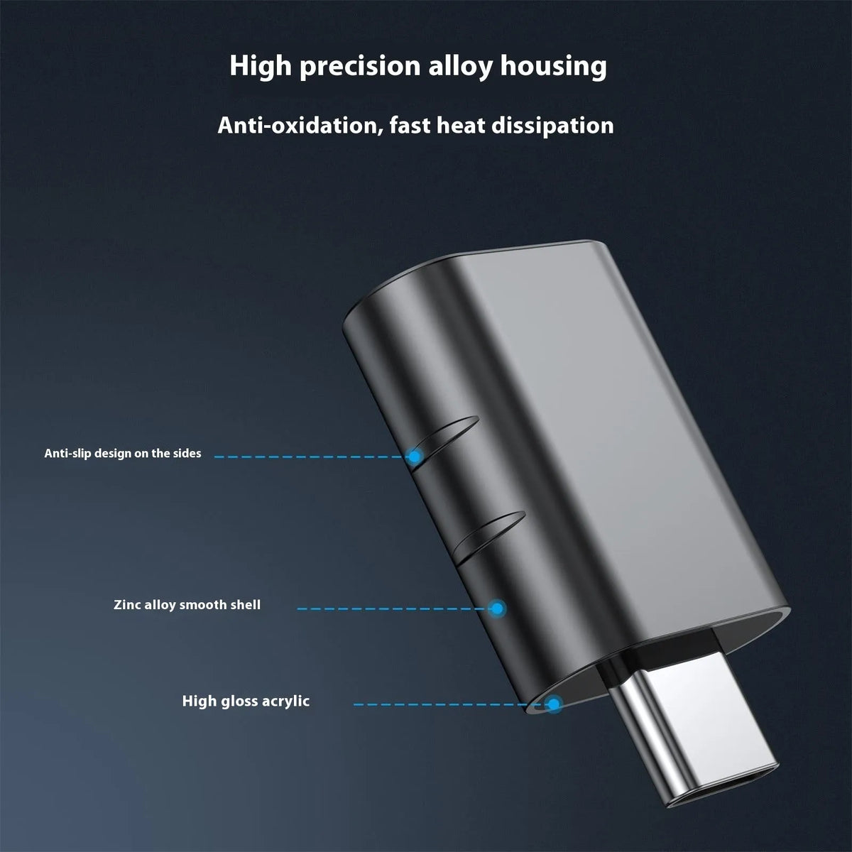 USB-C to USB-A adapter with metallic zinc alloy shell in various colour finishes.