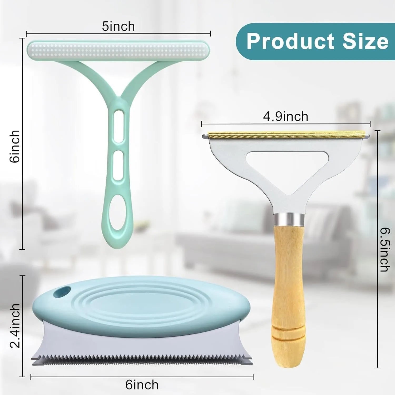 3-piece pet hair remover set with metal tool, silicone brush, and round carpet scraper on a fabric surface.