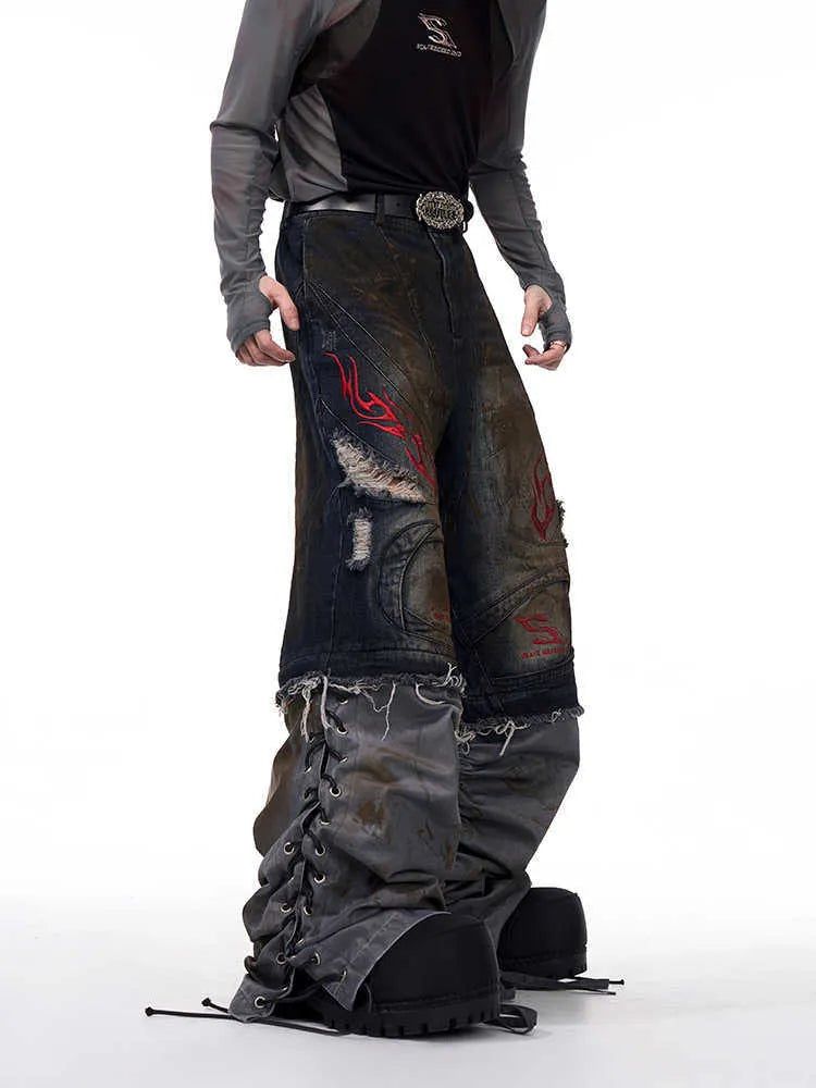 Men's wide leg jeans with detachable trouser legs in denim, shown in picture colour.
